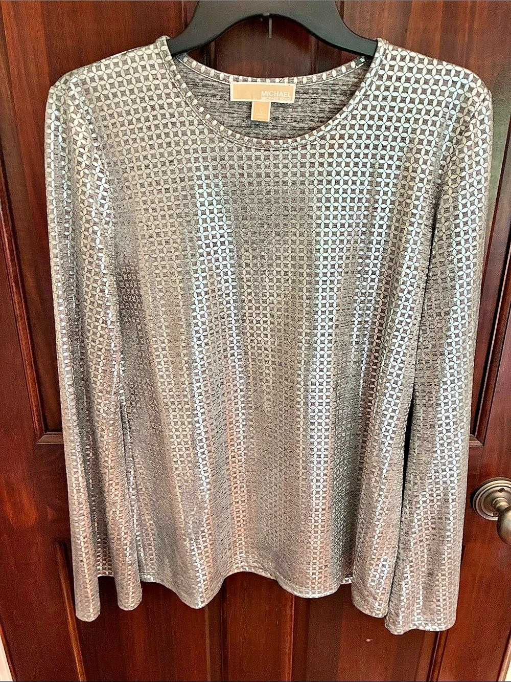 Michael Kors Geometric Metallic Long Sleeve Top in Silver Size Large Like